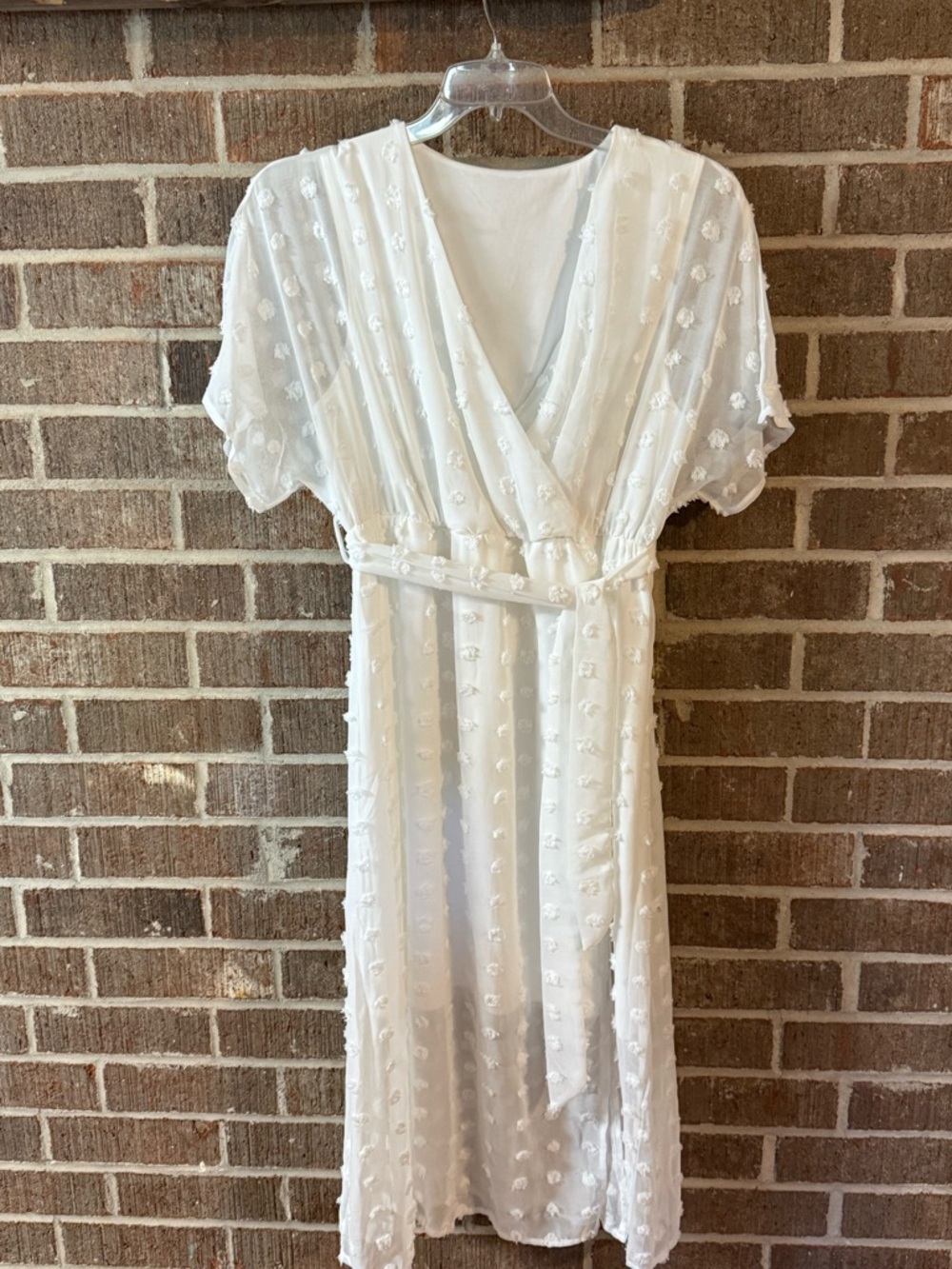 Elegant White Textured Midi Faux Wrap Dress with Self-Tie Waist